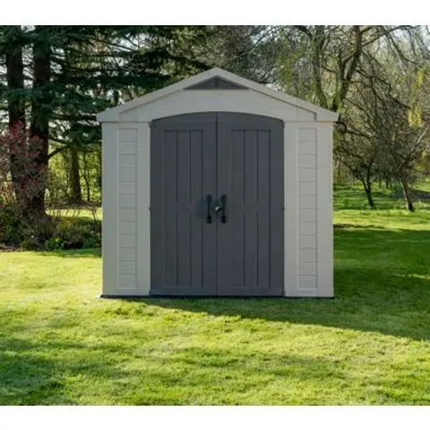 BOXED KETER FACTOR 8 FT. W X 8 FT. D APEX OUTDOOR GARDEN SHED (2 BOXES)