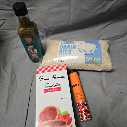 APPROXIMATELY 10 ASSORTED FOOD/DRINK PRODUCTS TO INCLUDE LONG GRAIN RICE, HYDRATION TABLETS, GREEN HEAT SAUCE ETC 