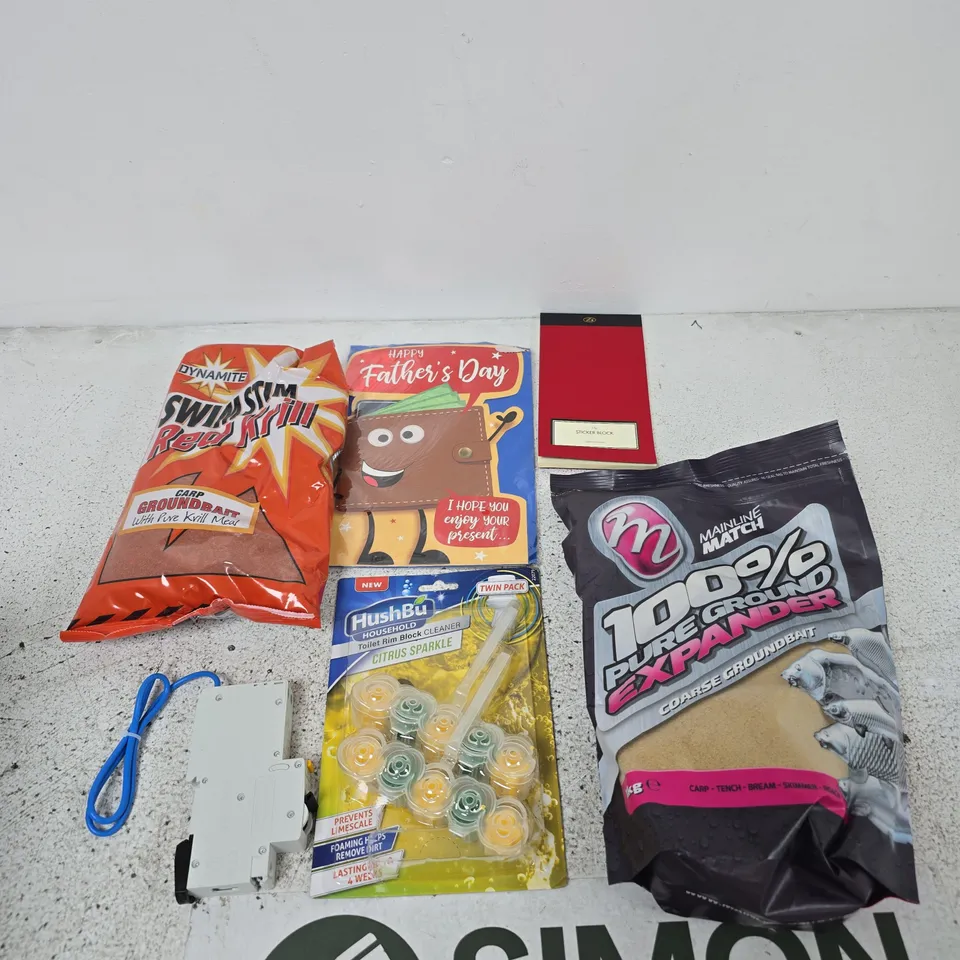 APPROXIMATELY 15 ASSORTED ITEMS INCLUDING A FUSE BOX B16, HUSHBU TOILET RIM BLOCK CLEANER AND MAINLINE MATCH GROUND EXPANDER
