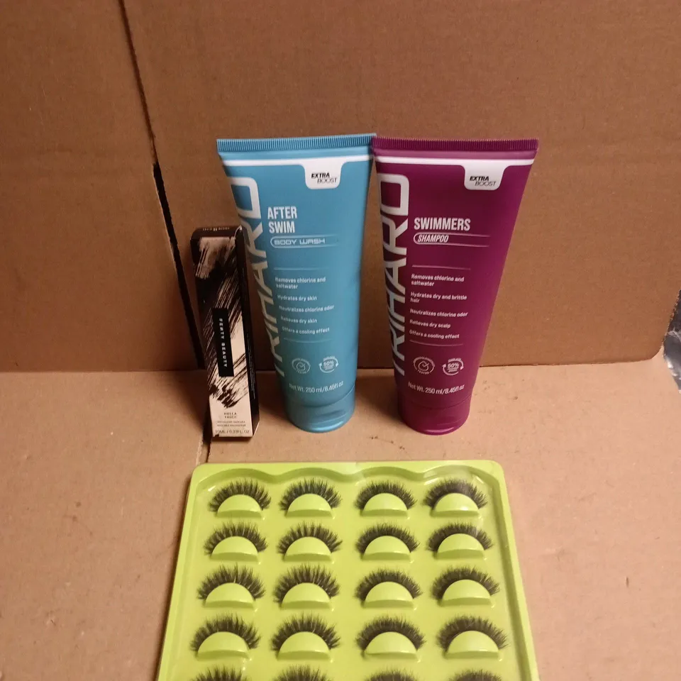 APPROXIMATEY 20 ASSORTED HEALTH AND BEAUTY PRODUCTS TO INCLUDE FENTY BEAUTY VOLUMIZING MASCARA, TRYHARD SWIMMERS SHAMPOO & BODY WASH, ASSORTMENT OF FAKE EYE LASHES ETC