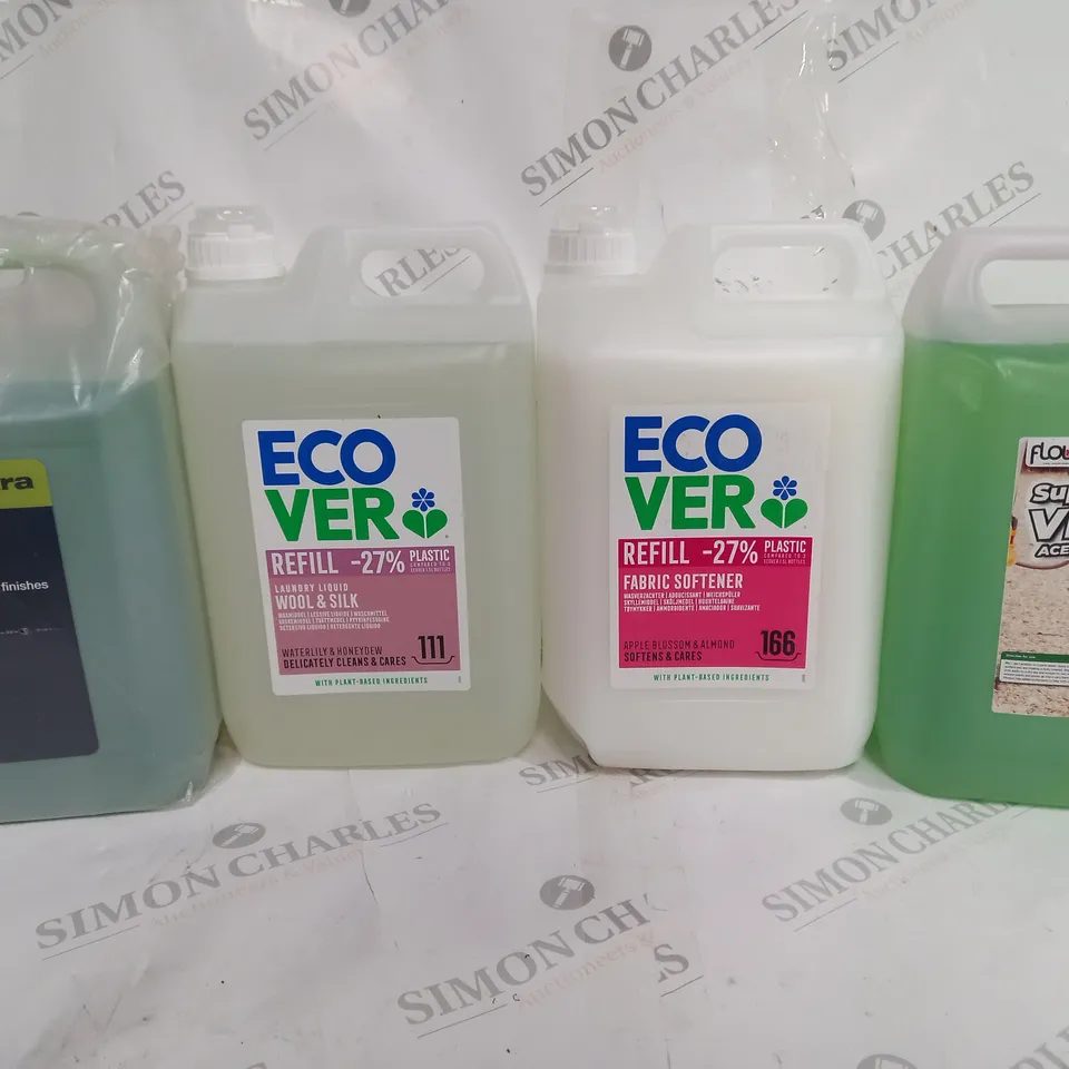 BOX OF APPROX 4 ASSORTED LIQUIDS TO INCLUDE - SUPER STRENGTH VINEGAR ACID - ECO VER FABRIC SOFTENER - SAKURA MIGHTY GREEN CAR SHAMPOO ECT