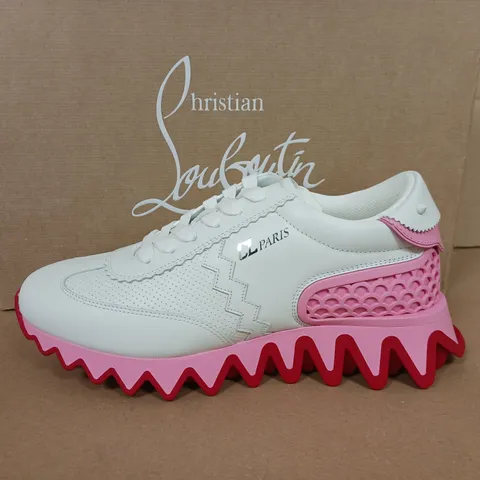 BOXED PAIR OF CHRISTIAN SOUBOUTIN LOUBI SHARK TRAINERS IN WHITE/CALIPSO