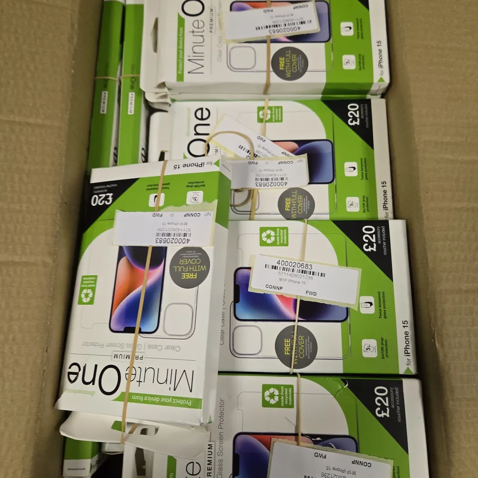 APPROXIMATELY 60 BOXED MINUTE ONE CLEAR PROTECTIVE CASES FOR IPHONE 15 