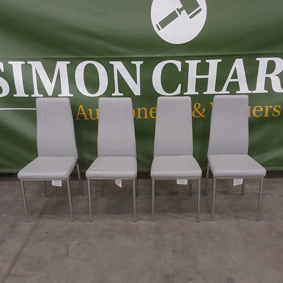 SET OF 4 LEON LIGHT GREY LEATHER DINING CHAIRS WITH CHROME LEGS 
