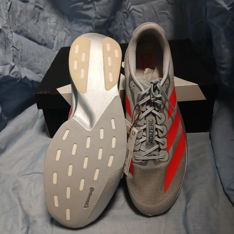 ADIDAS ADIZERO EVO SL M RUNNING SHOES – GREY WITH CORAL STRIPES, UK 13 (US 13.5)