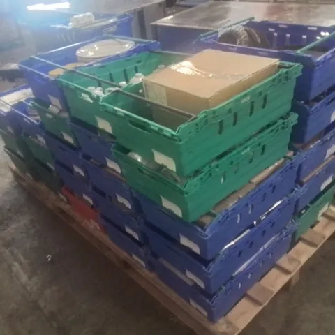 PALLET TO CONTAIN A LARGE VARIETY OF CATERING ITEMS TO INCLUDE; JUGS, PLATES, TEAPOTS, SALT AND PEPPER DISPENSERS ETC