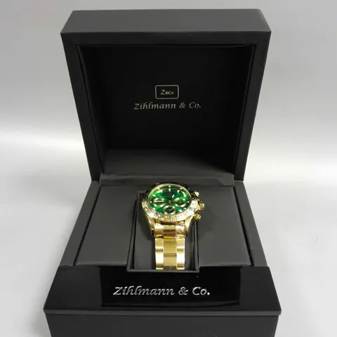 MENS ZIHLMANN & CO Z400 WATCH β CHRONOGRAPH MOVEMENT β GOLD COLOUR STAINLESS STEEL STRAP β GREEN DIAL