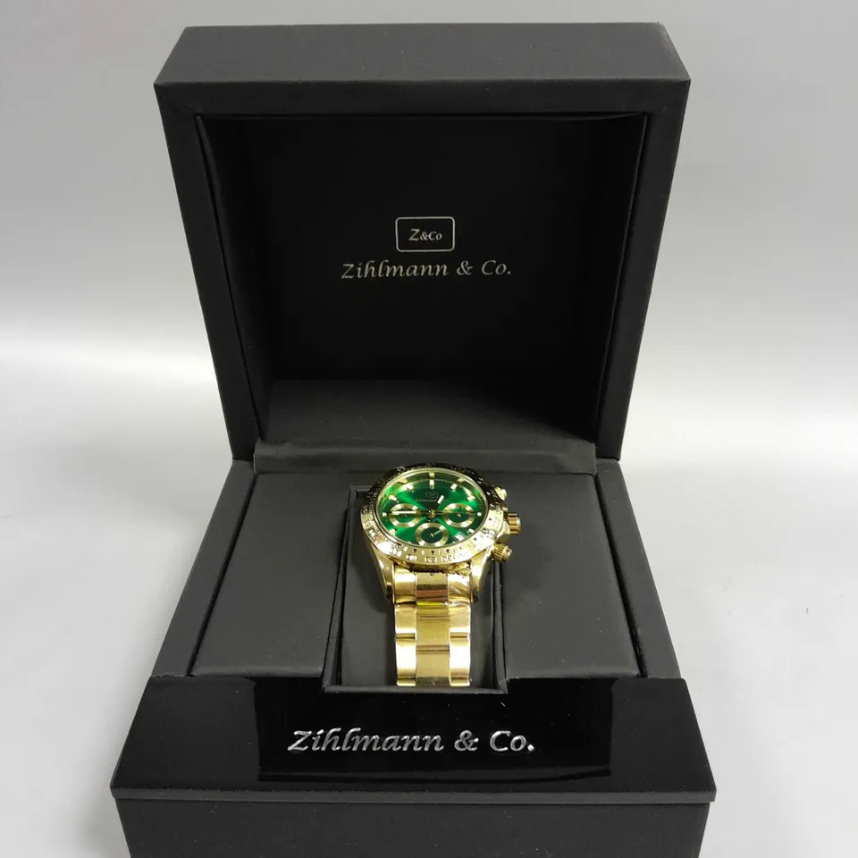 MENS ZIHLMANN & CO Z400 WATCH – CHRONOGRAPH MOVEMENT – GOLD COLOUR STAINLESS STEEL STRAP – GREEN DIAL
