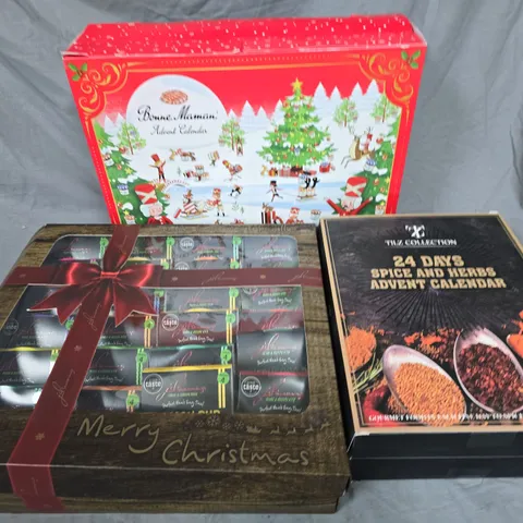 LOT OF 3 ASSORTED FOOD BASED ADVENT CALENDARS TO INCLUDE BONNE MAMAN AND TILZ COLLECTION