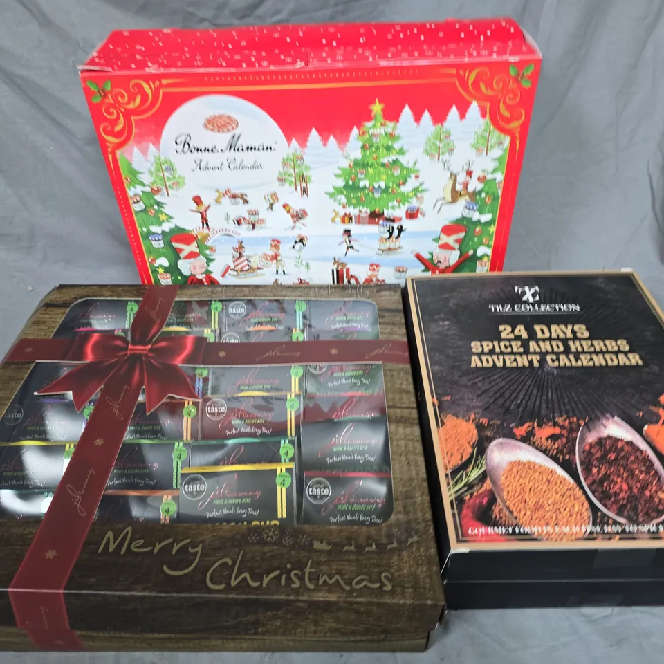 LOT OF 3 ASSORTED FOOD BASED ADVENT CALENDARS TO INCLUDE BONNE MAMAN AND TILZ COLLECTION