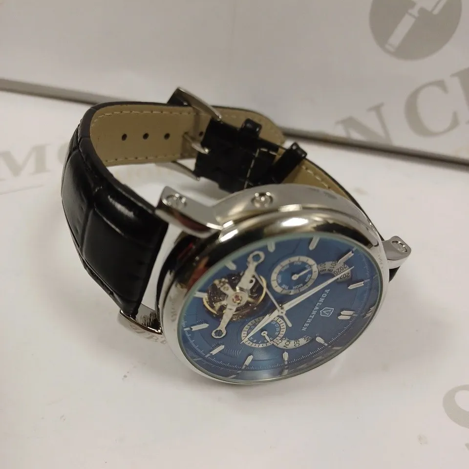 MENS VONLANTHEN AUTOMATIC WATCH – DATE YEAR SUB DIAL COMPLICATIONS – OPEN HEART MOVEMENT – GLASS EXHIBITION BACKCASE – BLACK LEATHER STRAP