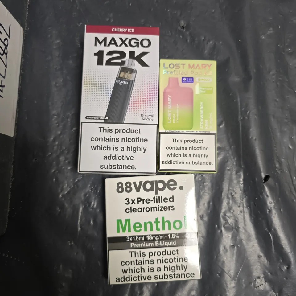 VAPE PRODUCTS ASSORTMENT – 88VAPE MENTHOL PRE-FILLED PODS, LOST MARY KIT, MAXGO 12K BOX (BULK LOT)