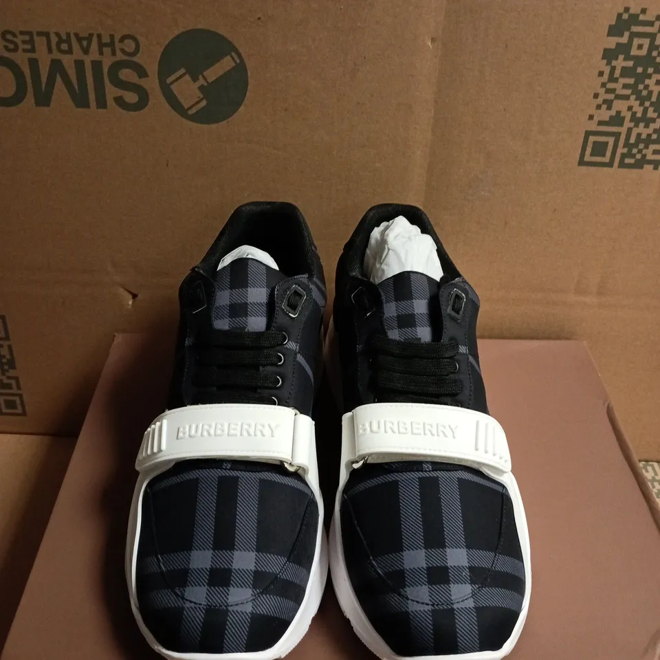 BOXED PAIR OF BURBERRY CHECK PATTERN SNEAKERS – UK SIZE 10