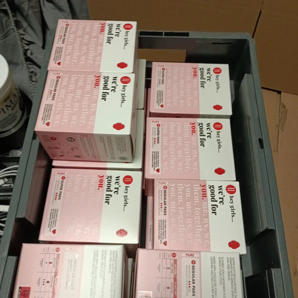 BOX OF APPROXIMATELY 18 PACKS OF HEY GIRLS SANITARY TOWELS REGULAR AND SUPER