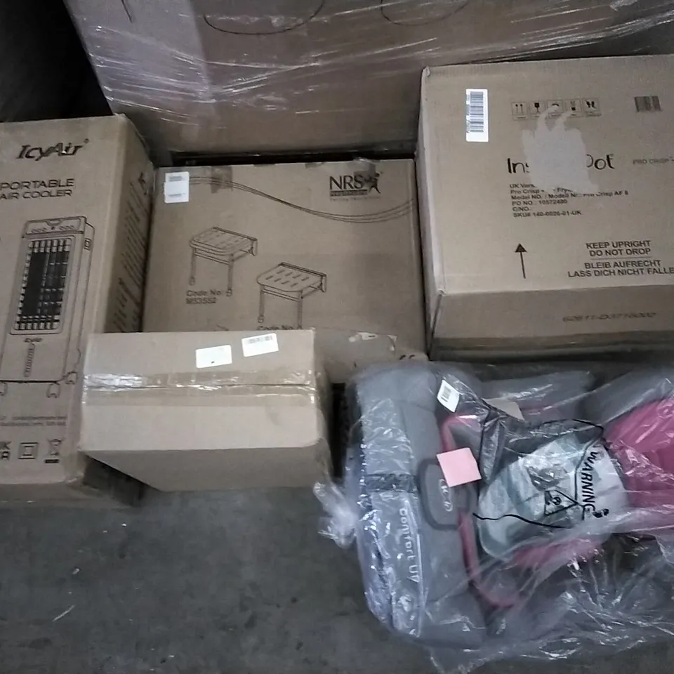 PALLET OF ASSORTED ITEMS INCLUDING ICY AIR PORTABLE AIR COOLER, NRS HEALTHCARE, SPORT SUPER POWER BASKET BALL NET, ADJUSTABLE TENSION ROD, TOMMEE TIPPEE ADVANCED ELECTRIC STERILISER, LIVIVO SHOULDER B