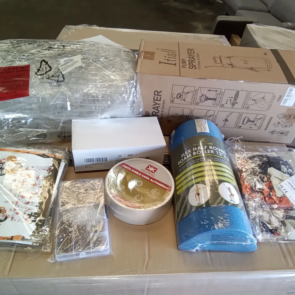 PALLET OF ASSORTED ITEMS INCLUDING ITISLL PUMP SPRAYER, KESTKAS CARPET TAPE, PROSOURCEFITFLEX HALF ROUND FOAM ROLLER, HALLOWEEN DECORATIONS, ELECTRIC JAR OPENER, M-DESIGN WIRE STORAGE BASKETS
