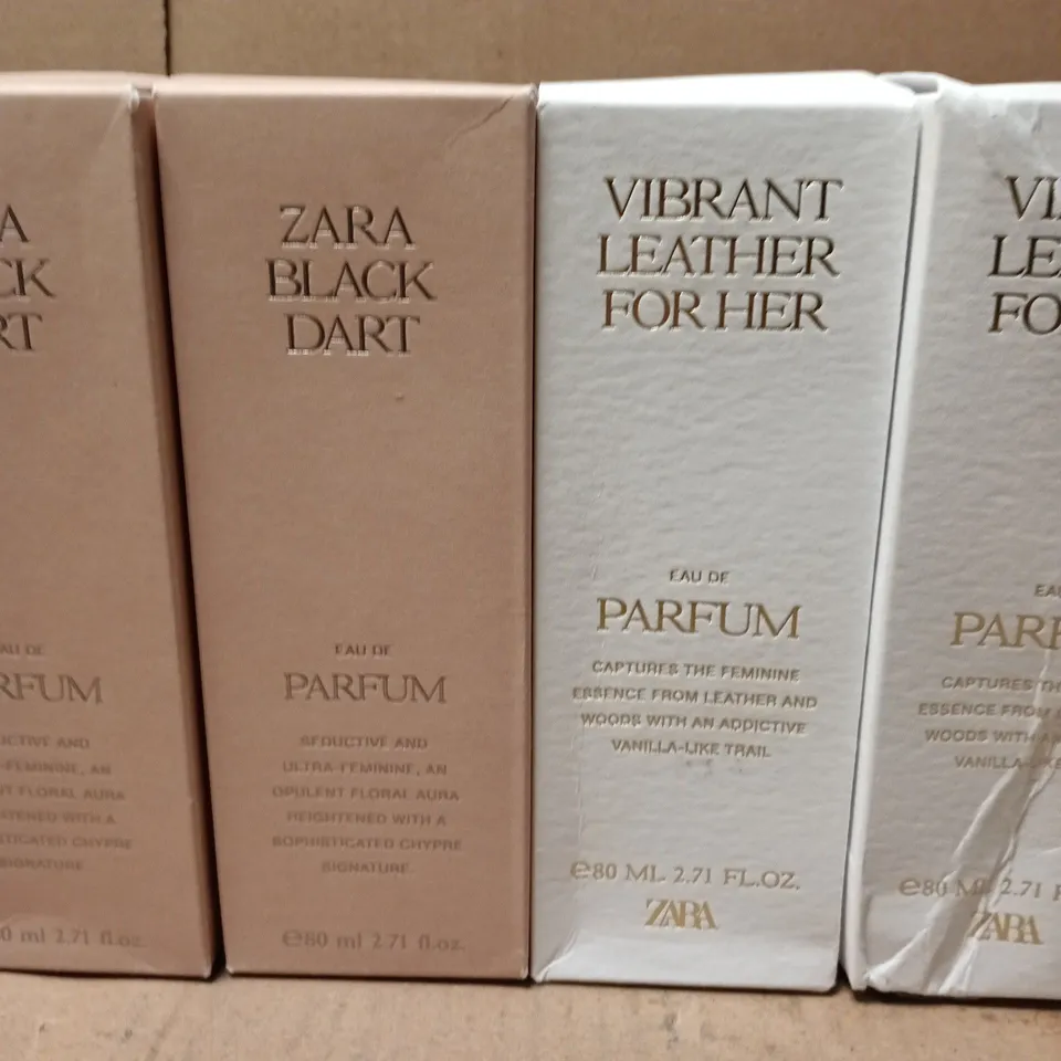 LOT OF 6 BOXED AND SEALED ZARA 80ML EAU DE PARFUMS TO INCLUDE 3X VIBRANT LEATHER FOR HER AND BLACK DART 