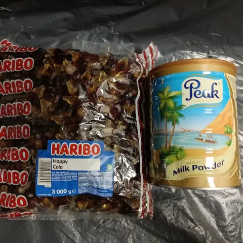 APPROXIMATELY 3 ASSORTED FOOD AND DRINK ITEMS TO INCLUDE HARIBO COLA BOTTLES, AND PEAK MILK POWDER