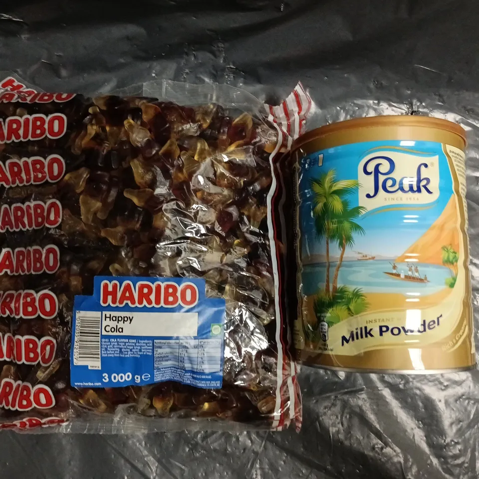 APPROXIMATELY 3 ASSORTED FOOD AND DRINK ITEMS TO INCLUDE HARIBO COLA BOTTLES, AND PEAK MILK POWDER