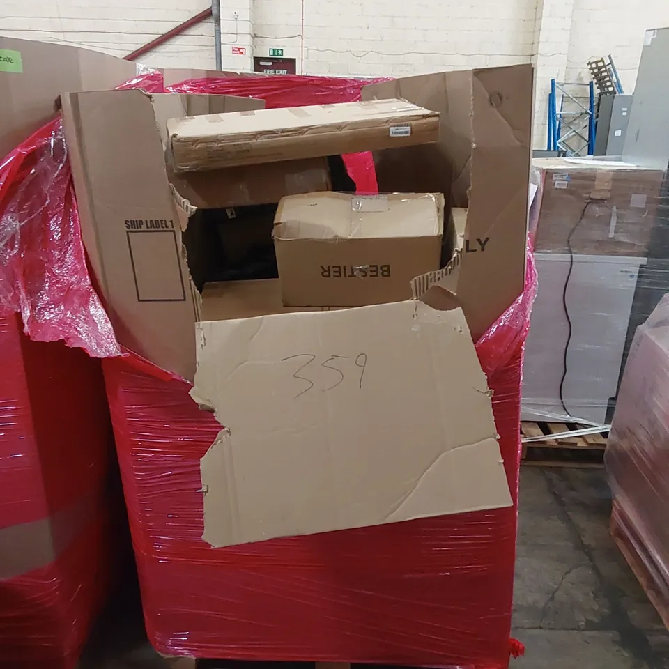 PALLET OF ASSORTED HOUSEHOLD ITEMS AND CONSUMER PRODUCTS TO INCLUDE; BABY CRIB, HEATER FAN, BOOSTER SEAT, BOXED FURNITURE ETC 