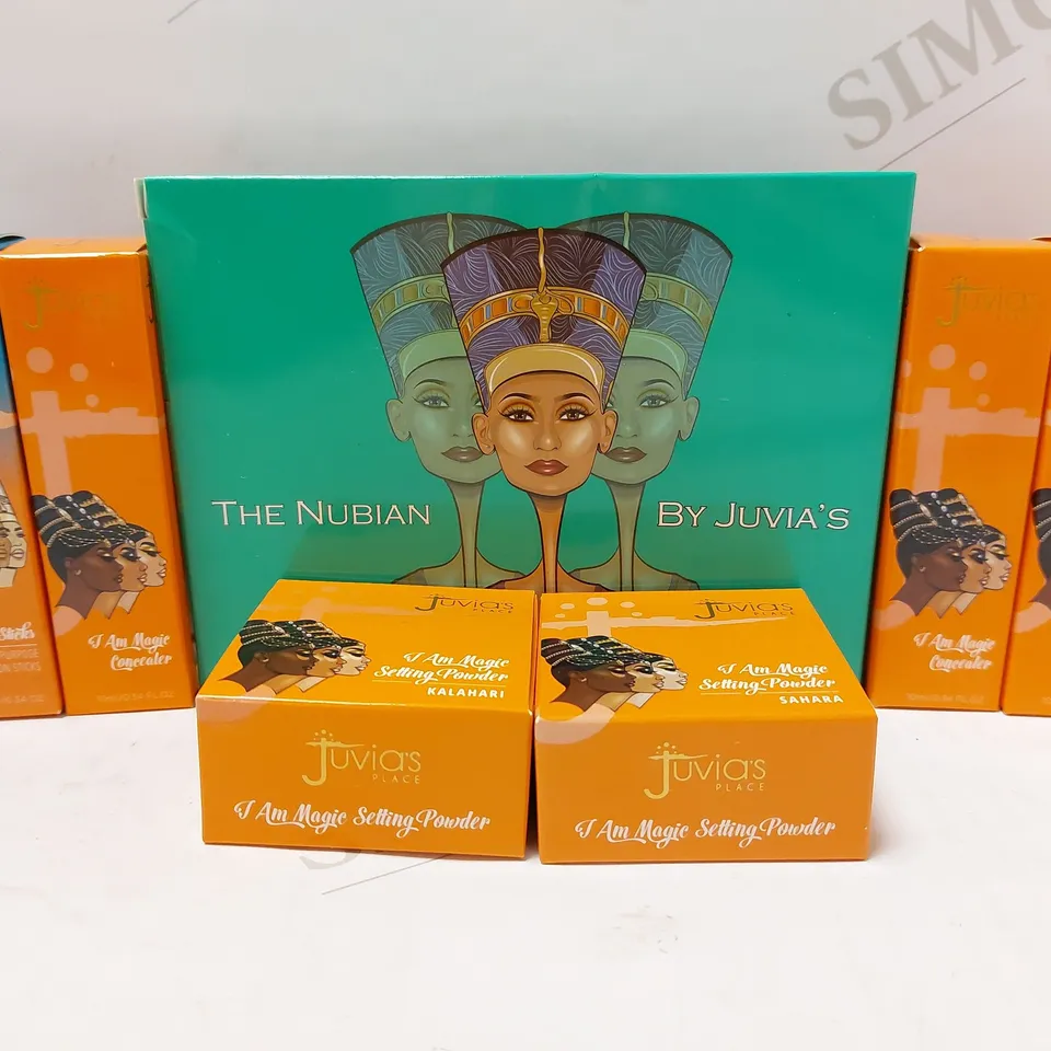 LOT OF APPROX 7 ASSORTED JUVIA'S PRODUCTS TO INCLUDE THE NUBIAN PALETTE, I AM MAGIC SETTING POWDER, I AM MAGIC CONCEALER, ETC 