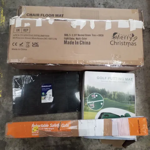 PALLET CONTAINING ASSORTED PRODUCTS INCLUDING CHAIR FLOOR MAT, CHRISTMAS TREE, GOLF PUTTING MAT, RETRACTABLE SAFETY GATE & METAL SYSTEM AIR DISTRIBUTION 