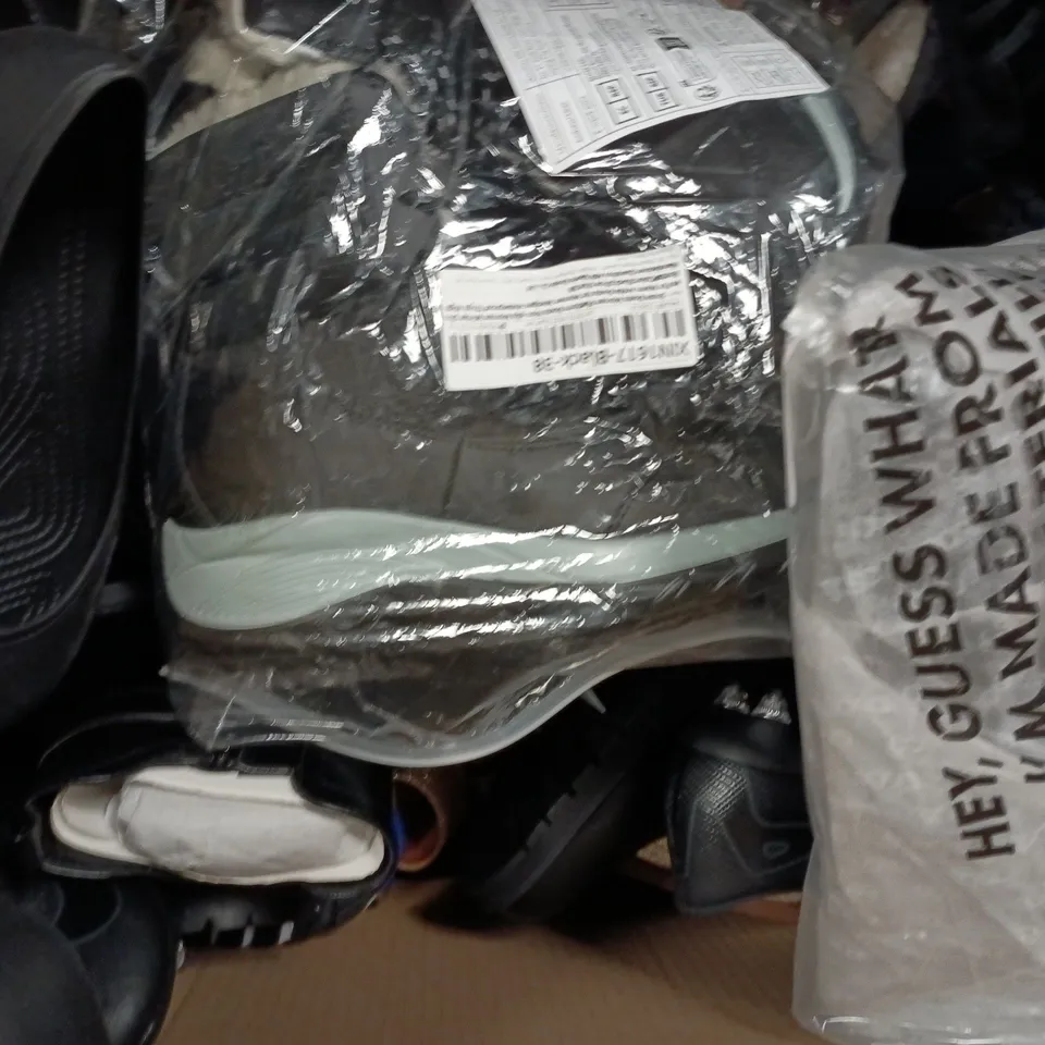 BOX OF APPROXIMATELY 15 ASSORTED PAIRS OF SHOES AND FOOTWEAR ITEMS IN VARIOUS COLOURS, STYLES, AND SIZES - COLLECTION ONLY