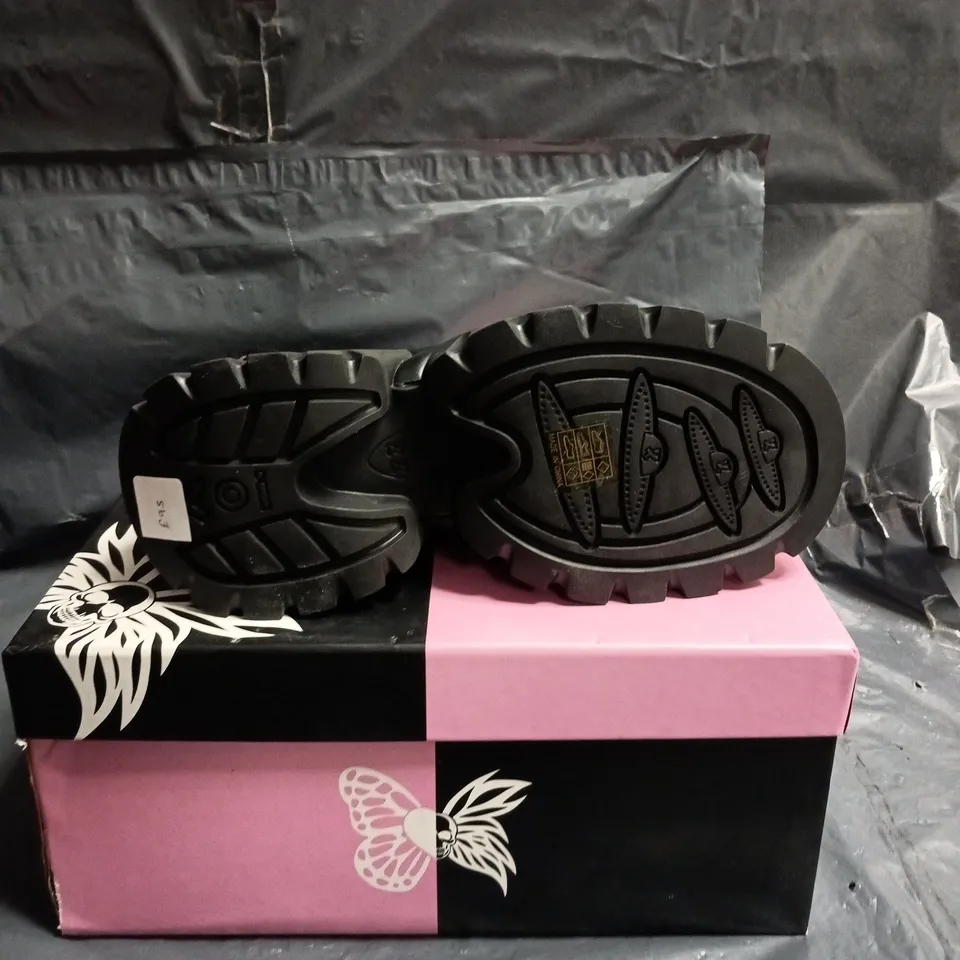 KOI WOMEN'S BLACK COMBAT BOOTS WITH PINK PATTERN, BOXED SIZE 3