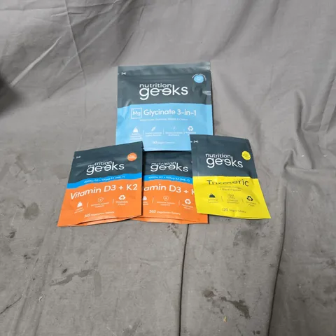 4 X NUTRITION GEEKS POUCHES INCLUDING GLYCINATE 3 IN 1, TURMERIC AND VITAMINS D3 AND K2