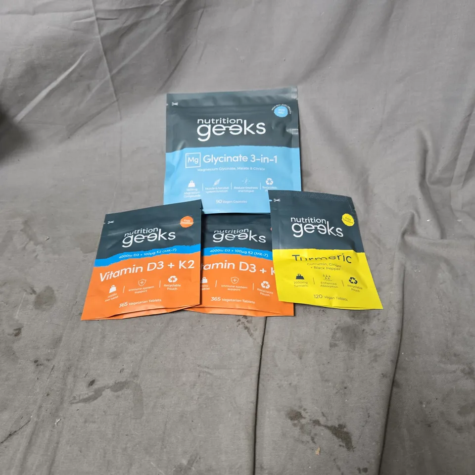 4 X NUTRITION GEEKS POUCHES INCLUDING GLYCINATE 3 IN 1, TURMERIC AND VITAMINS D3 AND K2