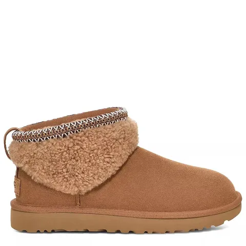 WOMENS CLASSIC ULTRA MINI MAXI CURLY BOOTS - CHESTNUT