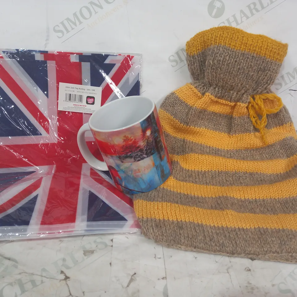 BOX OF APPROXIMATELY 20 ASSORTED HOUSEHOLD ITEMS TO INCLUDE HOT WATER BOTTLE, WINTER FOREST MUG, UNION JACK FLAG BUNTING, ETC