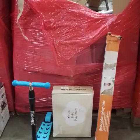 PALLET OF ASSORTED HOUSEHOLD GOODS AND PRODUCTS TO INCLUDE;RETRACTABLE SAFETY GATE,BABY PLAY MATS,KIDS SCOOTER