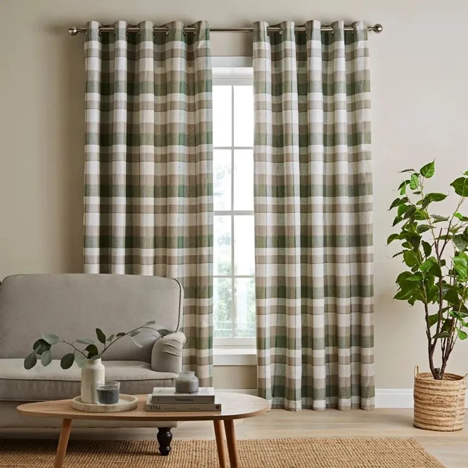BRUSHED COTTON THERMAL CHECK LINED CURTAINS 66" × 90"
