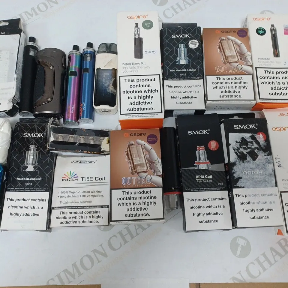 LOT OF 20 ASSORTED E-CIGARETTES AND PARTS TO INCLUDE ASPIRE ZELOS, SMOK AND INNOKIN