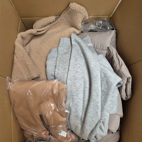 LARGE BOX OF ASSORTED CLOTHING ITEMS IN VARIOUS SIZES, STYLES AND COLOUR 