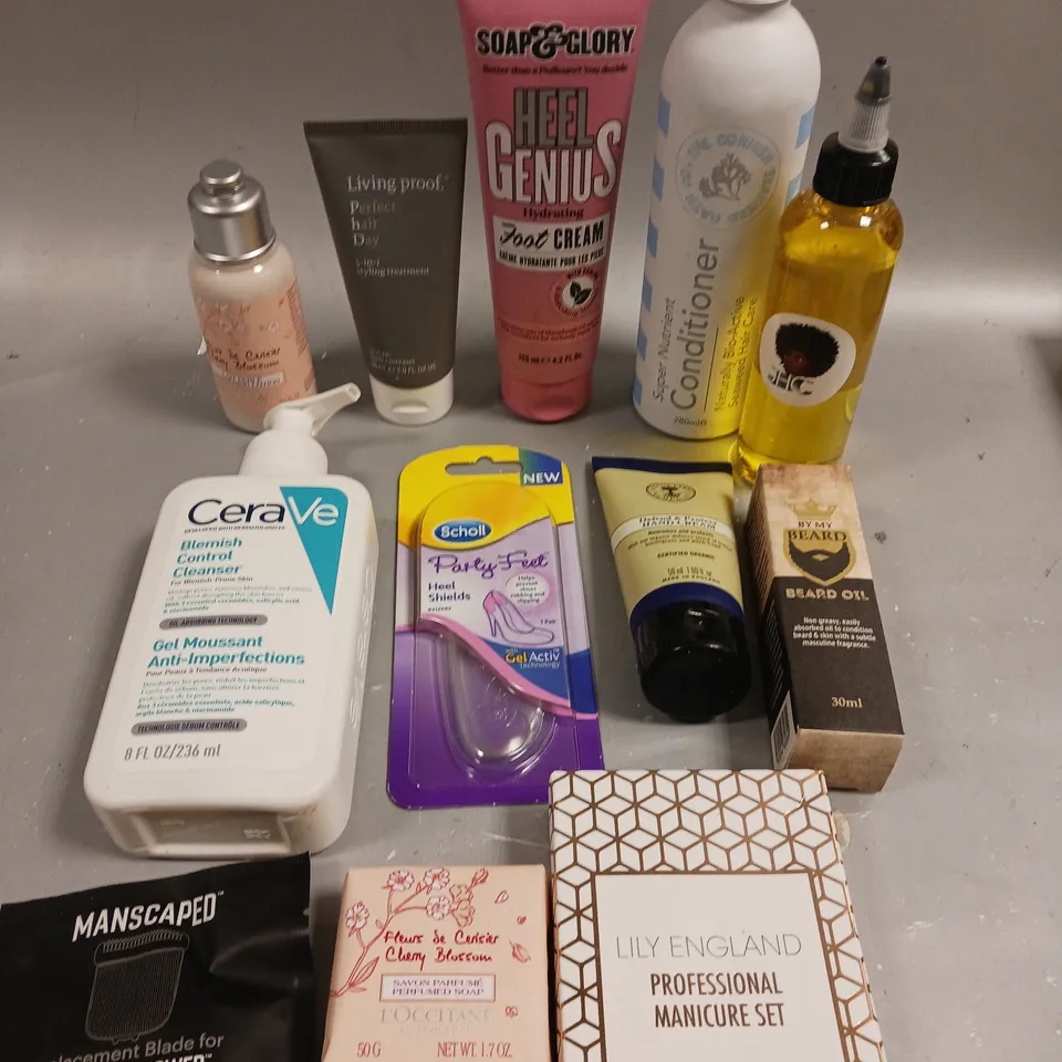 APPROXIMATELY 20 ASSORTED HEALTH & BEAUTY PRODUCTS TO INCLUDE BY MY BEARD OIL, SCHOLL PARTY FEET, CERAVE BLEMISH CONTROL CLEANER ETC 