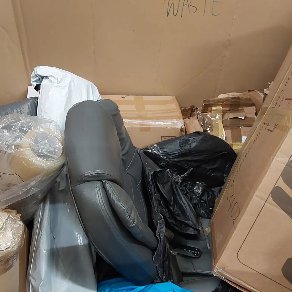 PALLET OF ASSORTED HOMEWARE AND CONSUMER PRODUCTS TO INCLUDE; ELECTRIC FIREPLACE, LARGE MIRROR, OFFICE CHAIR, CLAMP DESK LAMP ECT.