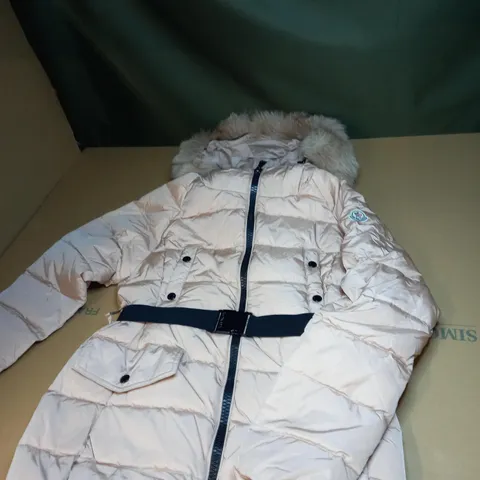 WOMENS MONCLER PINK PUFFA COAT WITH FUR HOOD SIZE M