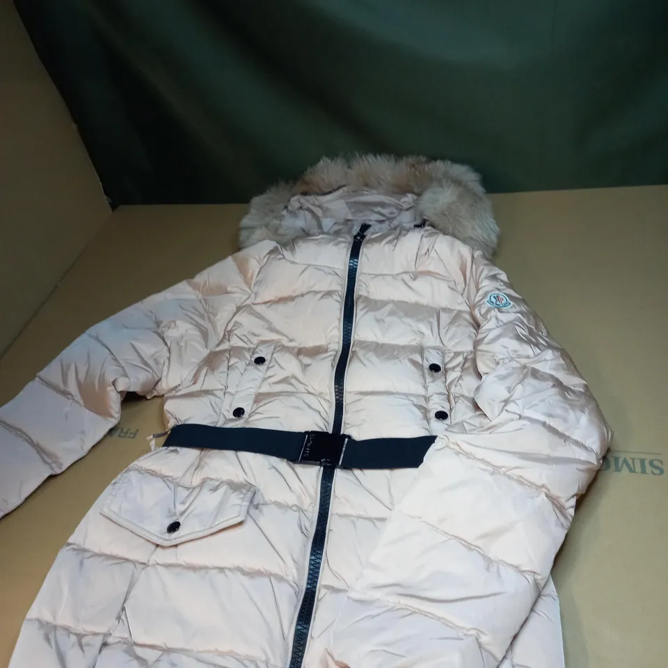 WOMENS MONCLER PINK PUFFA COAT WITH FUR HOOD SIZE M