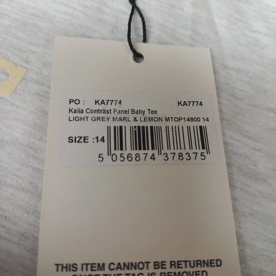 KAIIA CONTRAST PANEL BABY TEE – LIGHT GREY MARL & LEMON, SIZE 14