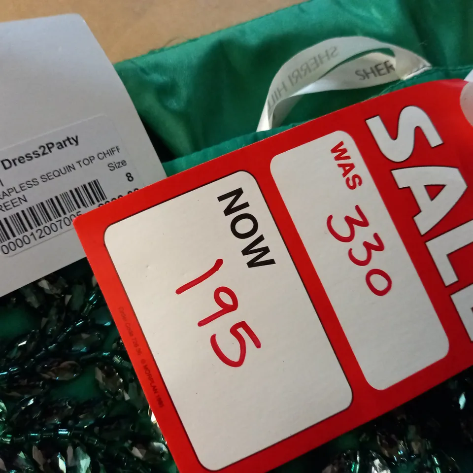 SHERRI HILL EMERALD EMBELLISHED STRAPLESS DRESS - SIZE 8