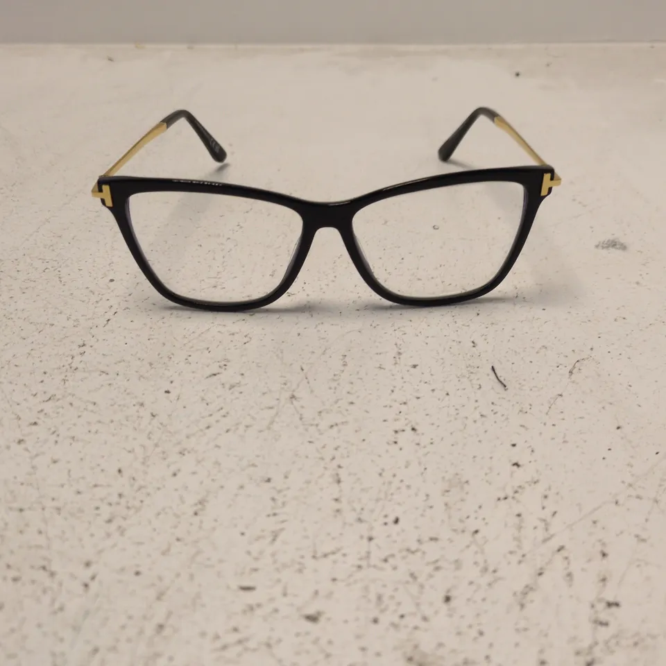 TOM FORD EYEGLASSES – BLACK RECTANGULAR FRAME WITH GOLD-TONE TEMPLES (MADE IN ITALY)