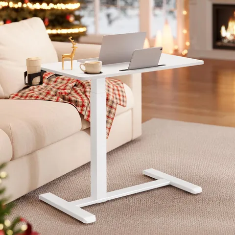 BOXED VASAGLE OVERBED TABLE WITH WHEELS, SMALL STANDING DESK, 70 X 40 CM TABLETOP, ADJUSTABLE HEIGHT, 2 CUP HOLDERS, PHONE AND TABLET SLOT, CLOUD WHITE