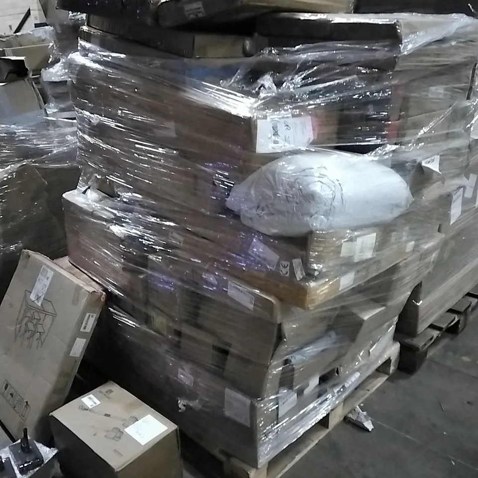 PALLET OF HOUSEHOLD ITEMS TO INCLUDE TABLE AND CHAIRS, VACUUM CLEANER,  POWER TOOL BATTERIES,  STORAGE RACK, WOOD DINING CHAIR FOR CHILDREN AND OTHER ASSORTED ITEMS...