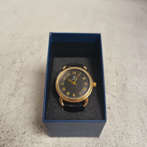 TALIS CO. GOLD-TONE WRISTWATCH IN BLUE BOX, BLACK DIAL & LEATHER STRAP