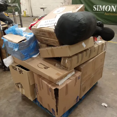 PALLET OF ASSORTED FURNITURE, HOUSEHOLD GOODS & PRODUCTS TO INCLUDE; MANNEQUIN, FAN, LIFE JACKET, BOXED FURNITURE ETC 
