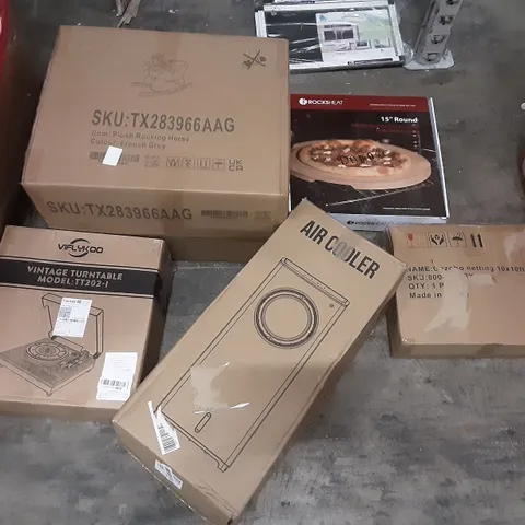 PALLET OF ASSORTED PRODUCTS INCLUDING AIR COOLER, VIFLYKOO VINTAGE TURNTABLE, ROCKSHEAT 15" ROUND PROFESSIONAL PIZZA STONE FOR OVEN & GRILL, GAZEBO NETTING, GEORGE FOREMAN GRILL, TRIPOD TV STAND