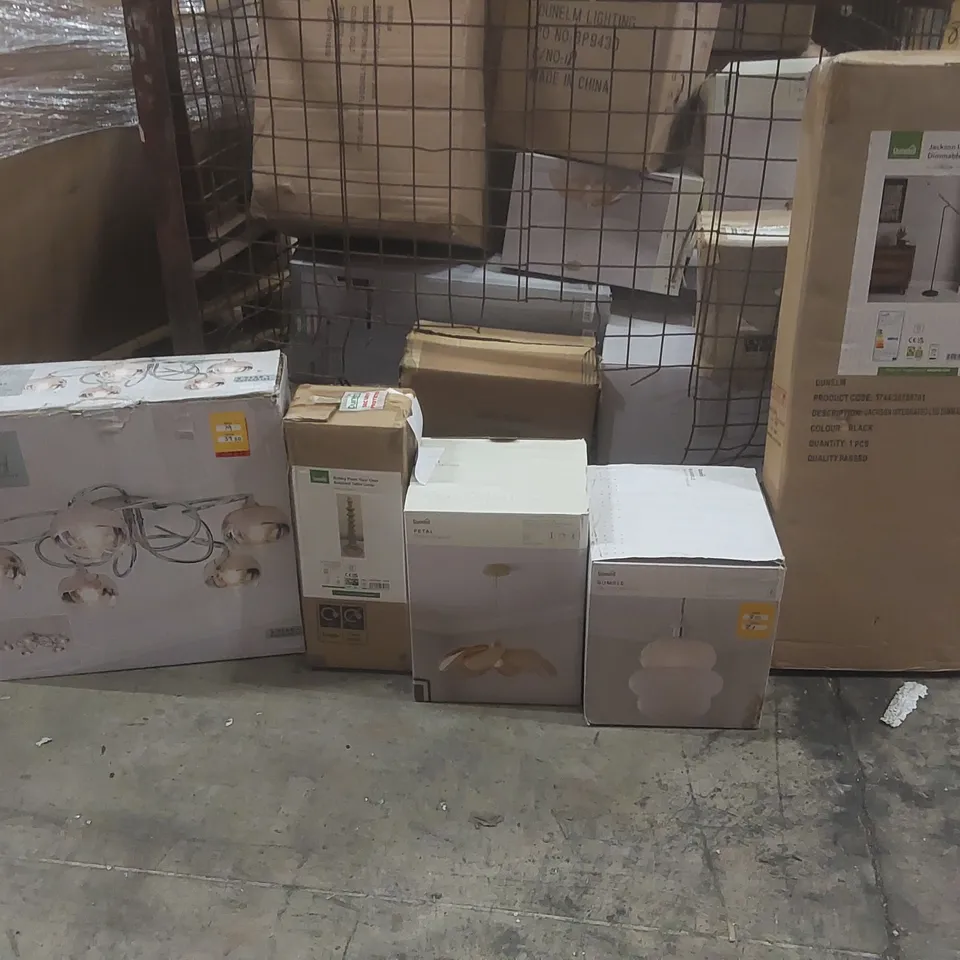METAL CAGE VERY LARGE QUANTITY OF ASSORTED DESIGNER LIGHTING PRODUCTS TO INCLUDE: JACKSON DIMMABLE FLOOR LAMP, BUMBLE PENDANT, PETAL PENDANT, SEYCHELLES CLUSTER FITTING ECT