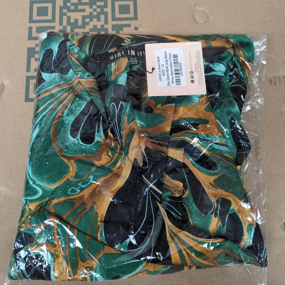 BAGGED GIRL IN MIND ELSA GREEN MULTI LONGSLEEVE WRAP ASYMMETRIC DRESS - SIZE 12